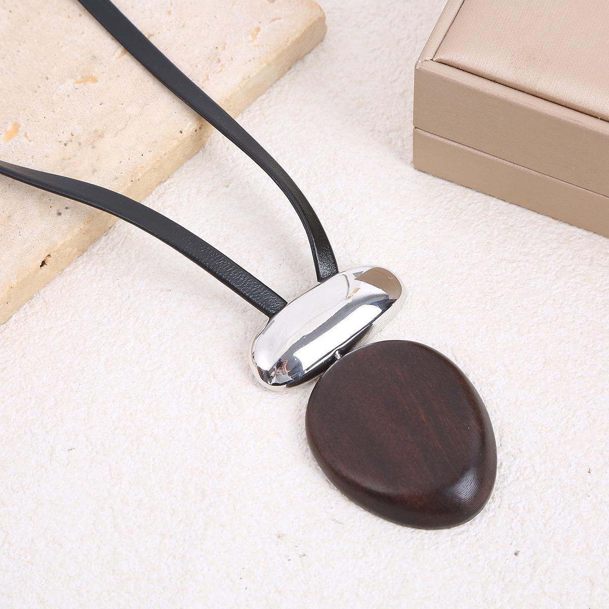 Ethnic Leather & Wood Pendant Necklace - Retro Simple Sweater Chain with Unique Design
