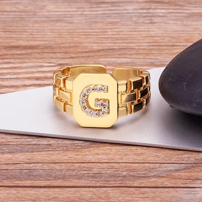 New Arrival Fashion Gold Color Initial Ring Open Design Adjustable Hot Sale Watchband Chain A-Z Letters Zircon Rings For Women
