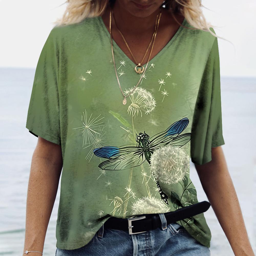 V-neck Women's Short Sleeve Summer Outdoor Casual T-shirt Tops Flower Printed Patterns Fashion