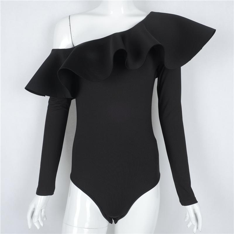 Jedno rameno Lotus Leaf Edge Flying Sleee Černý Dlouhý rukáv Ležérní zeštíhlující overal pro ženy