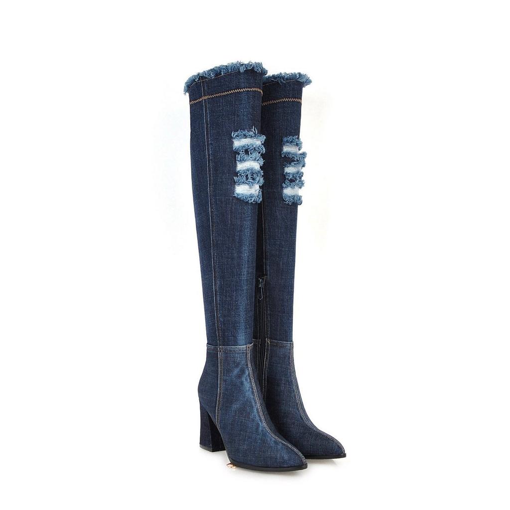 European and American autumn and winter fashion pointed thick heel high heel large size denim over the knee women's boots