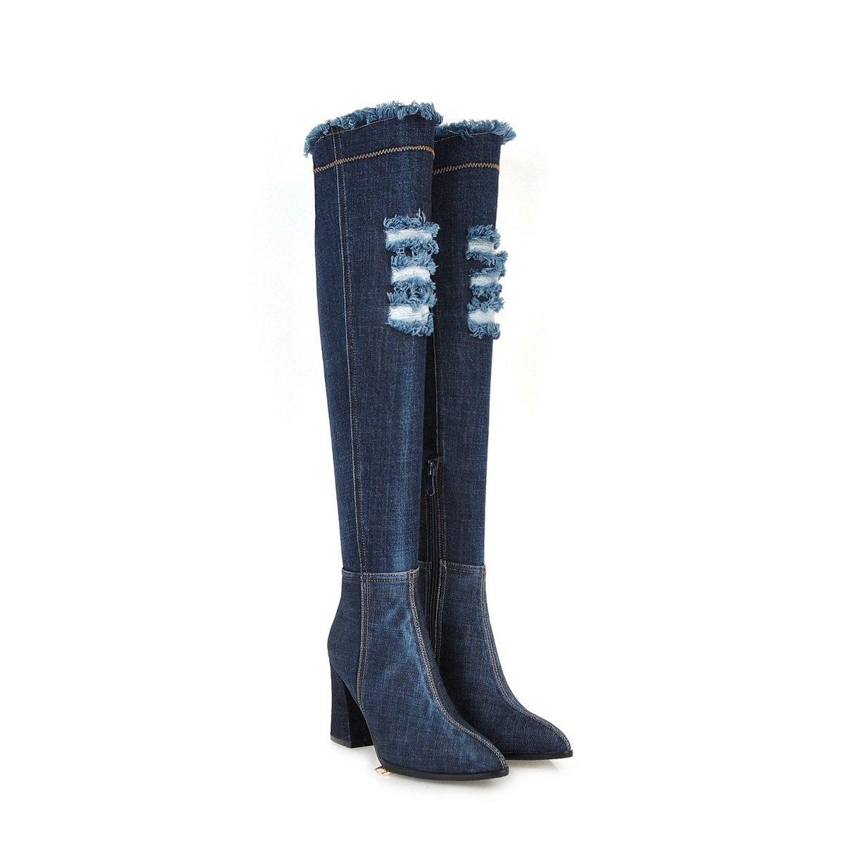 

Европейская и американская осенне-зимняя мода, остроносые, на толстом высоком каблуке, большого размера, джинсовые ботфорты женские 39 темно-синий