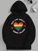 Unisex Plus Size Rainbow Heart Pride Hoodie - Casual Loose Fit, Long Sleeve, Non-Stretch Fabric with "Peace Love Equality" Print for Casual Attire, Eq