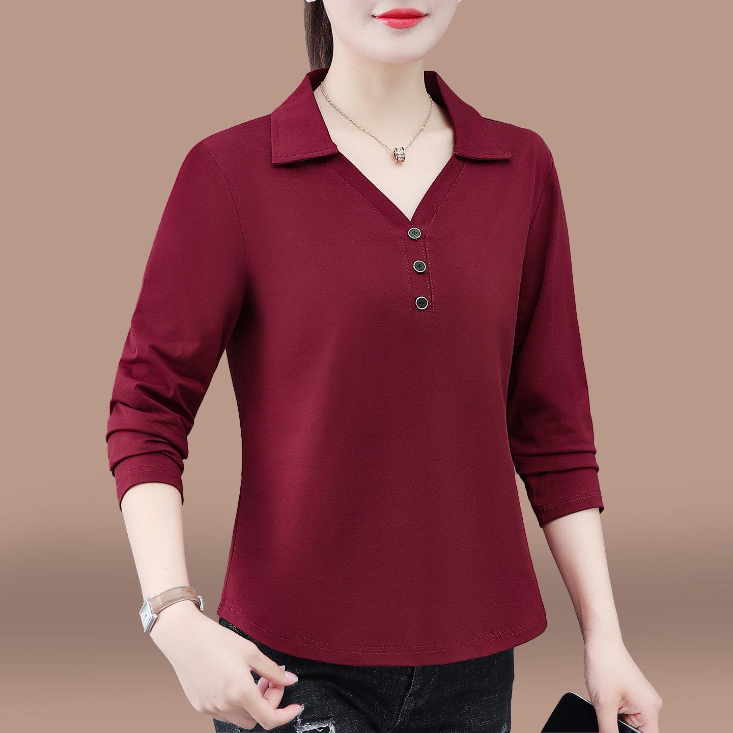

Women s Pure Cotton Lapel Long Sleeve T-Shirt - Spring/Autumn 2026, Belly-Concealing Casual Top for Middle-Aged Moms. XL (for 110-125 lbs)