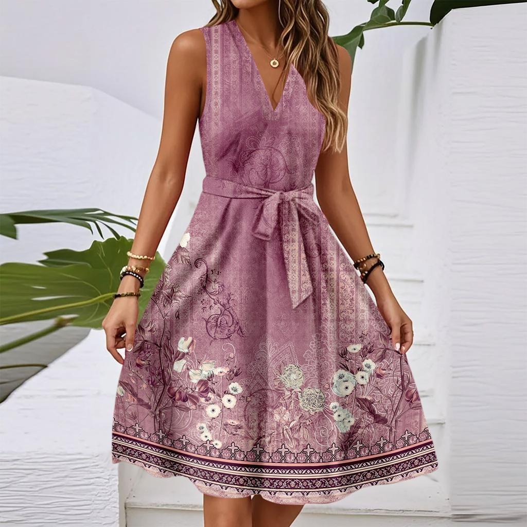 Damen Frühling Und Sommer Lässiges V-Ausschnitt Ärmellos Tailliertes Vintage Bedrucktes Midi-Kleid