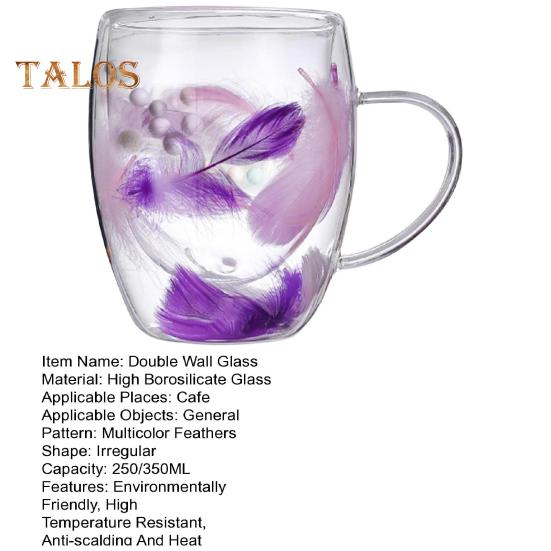 Double Wall Glass Coffee Mug 250/350ml Feather Design Cup with Handle Insulated Anti-Scalding Comfortable Grip Temperature Control Tumbler for Tea