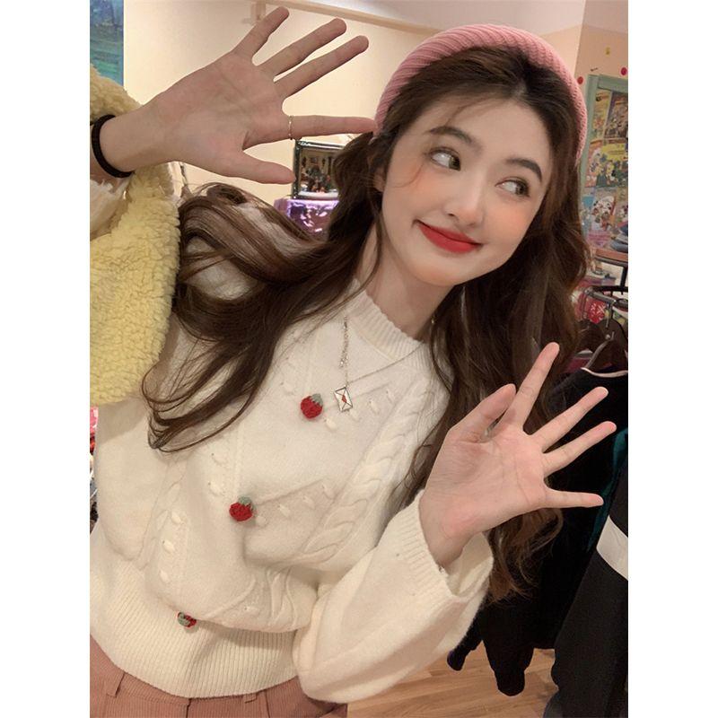 Sweet Girl Pink Little Strawberry Sweater Base with Soft Waxy Round Neck Long Sleeve Pullover Sweater Top