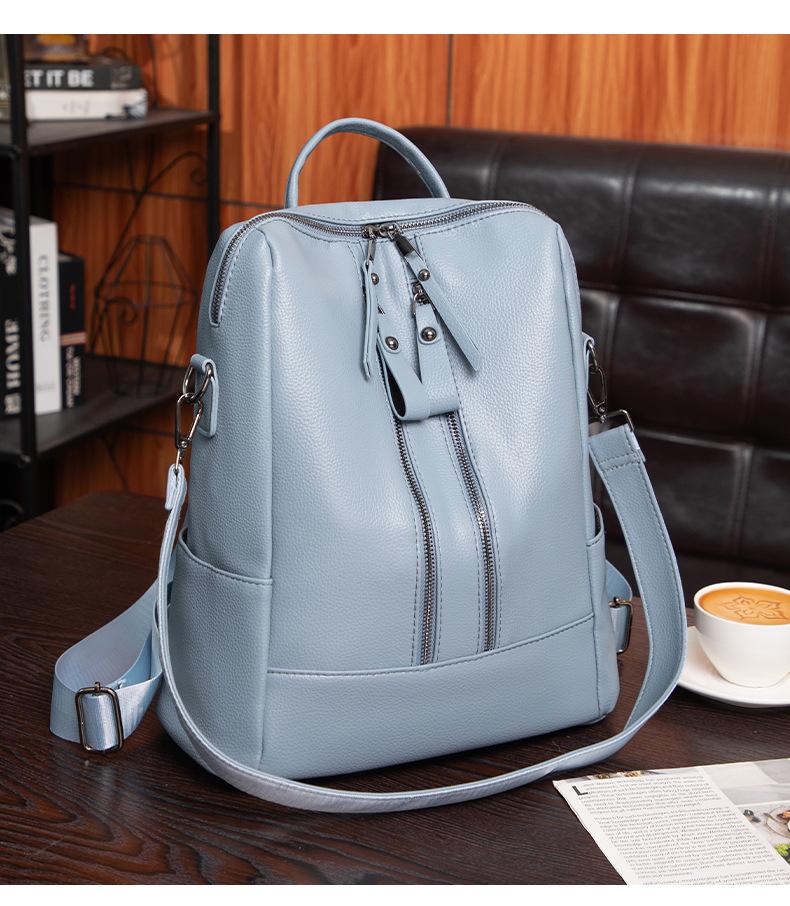 Schoolbag Soft Leather Women's Backpack Double Zipper Solid Color Vintage School Bag Casual Versatile Shoulder Bag Travel Backpack Portable