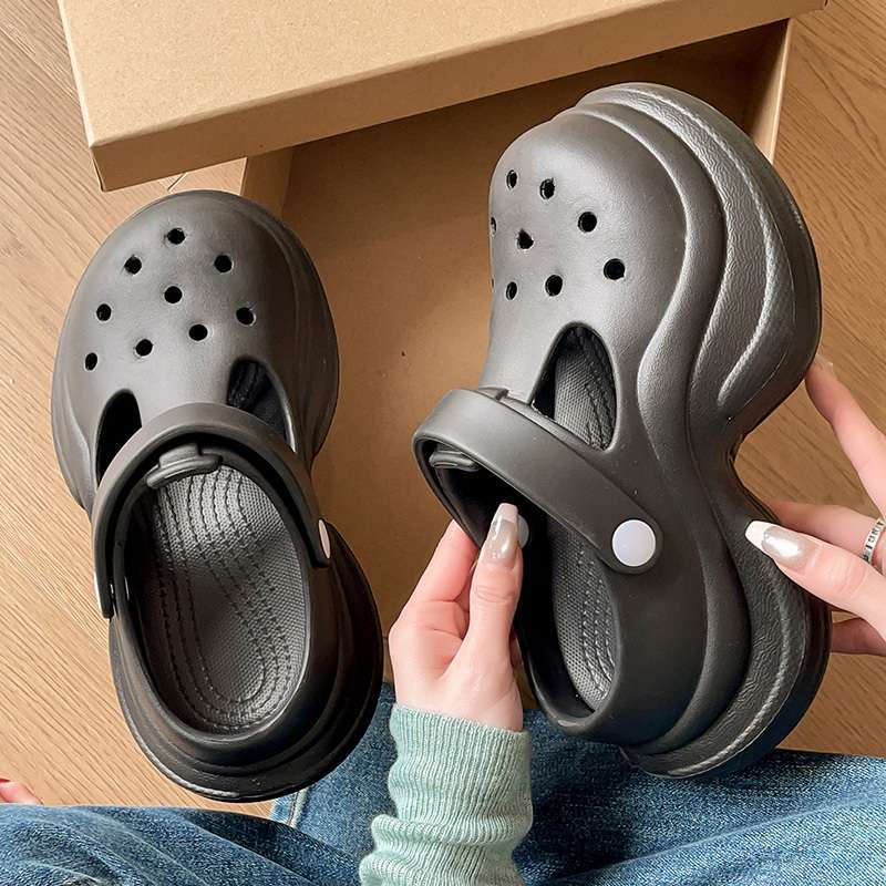 Sweet Bow Platform Hole Shoes Women's Spring and Summer 2025 New Outer Wear Heightening Rhinestone Bag Head Half Slippers