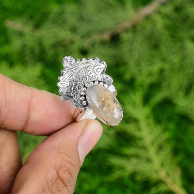 Natural Plume Agate Elegant Anniversary Bezel Statement Ring Jewelry 925 Silver