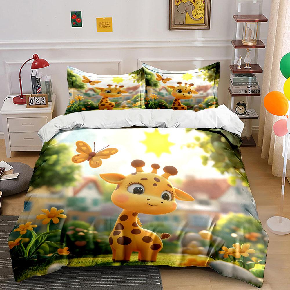 Ensemble de décoration de chambre d'enfant Girafe de dessin animé Housse de couette douce et confortable Ensemble de literie Comprenant 1*Housse de couette & 2*Taies d'oreiller, Cadeau