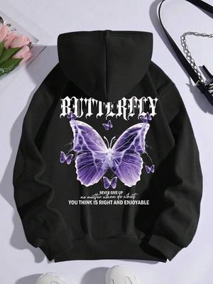 Krásné fialové mikiny s potiskem motýlů Dámská fleecová mikina s kapucí a kapsou Jednoduchá ležérní mikina Podzimní volná dámská streetwear