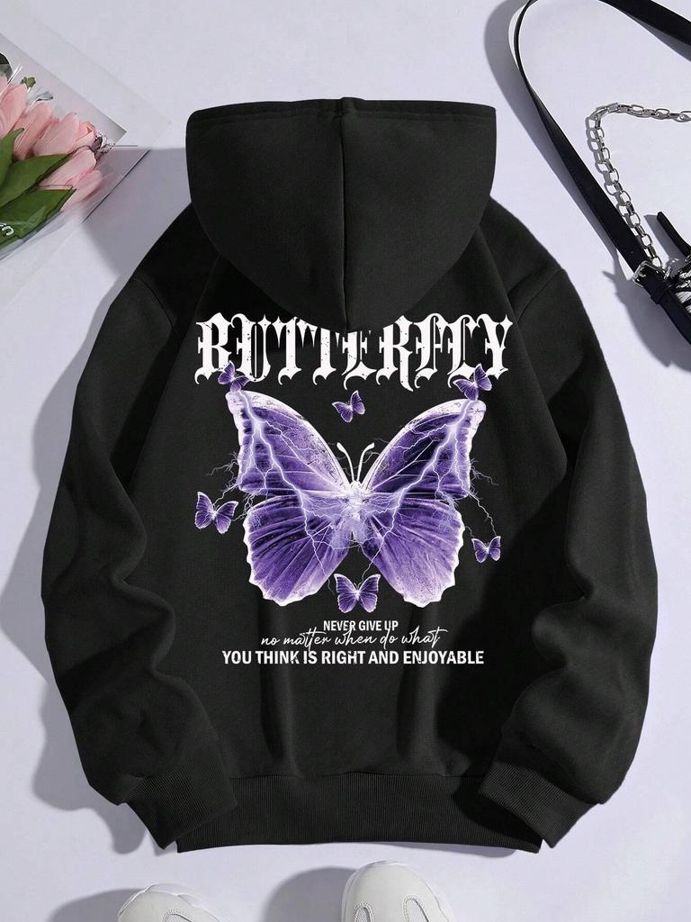 Wunderschöne Lila Schmetterlingsdruck Kapuzenpullover Damen Fleece Tasche Kapuzenpullover Einfacher Lässiger Hoodie Herbst Locker Weiblich Streetwear