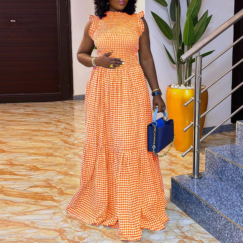 

M-XXXXXL Летнее женское длинное плиссированное платье без рукавов с клетчатым принтом 2XL оранжевый