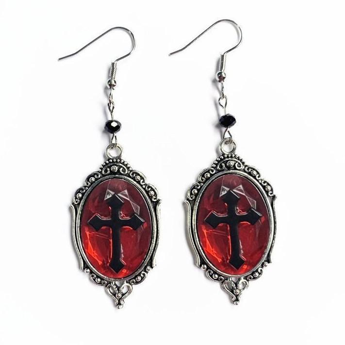 

Vintage Cameo Cross Drop Earrings, Red and Black Gothic Jewelry