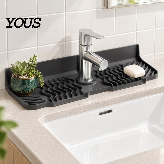 Silicone Countertop Protector Faucet Mat for Kitchen Sink, Foldable Sink Splash Guard with 7 Degree Counter Organizer Slope And Snap Lock, Water