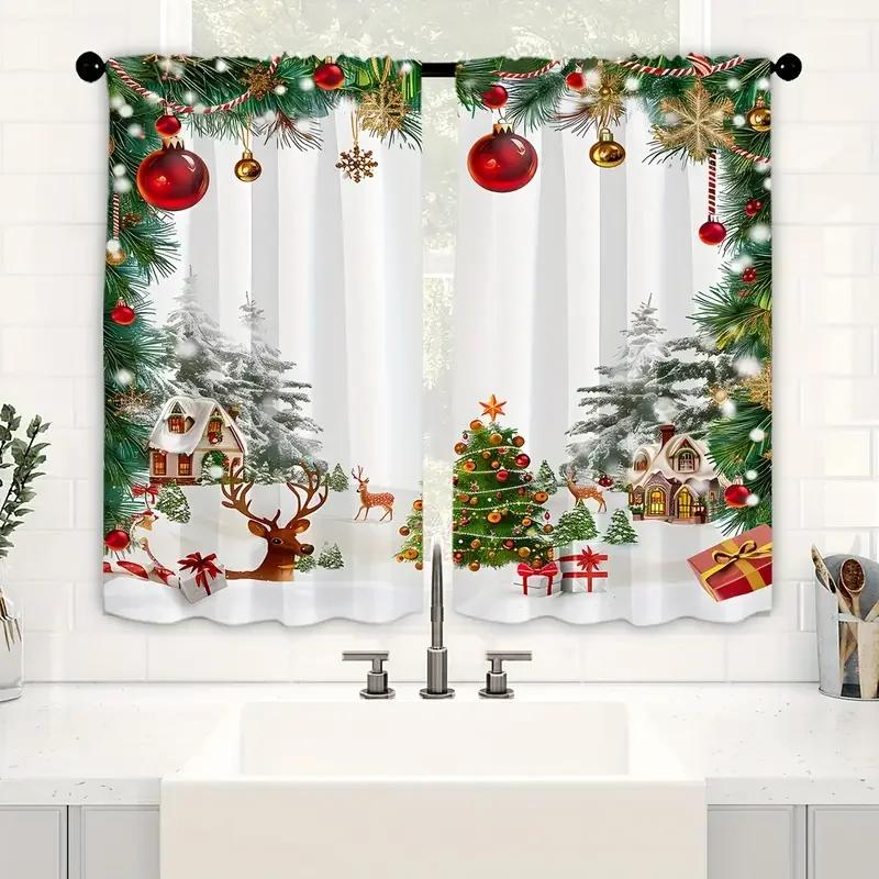 Set Of 2 Charming Christmas Scene Patterned Curtains Cute Design Filter Polyester Family Windows Curtain