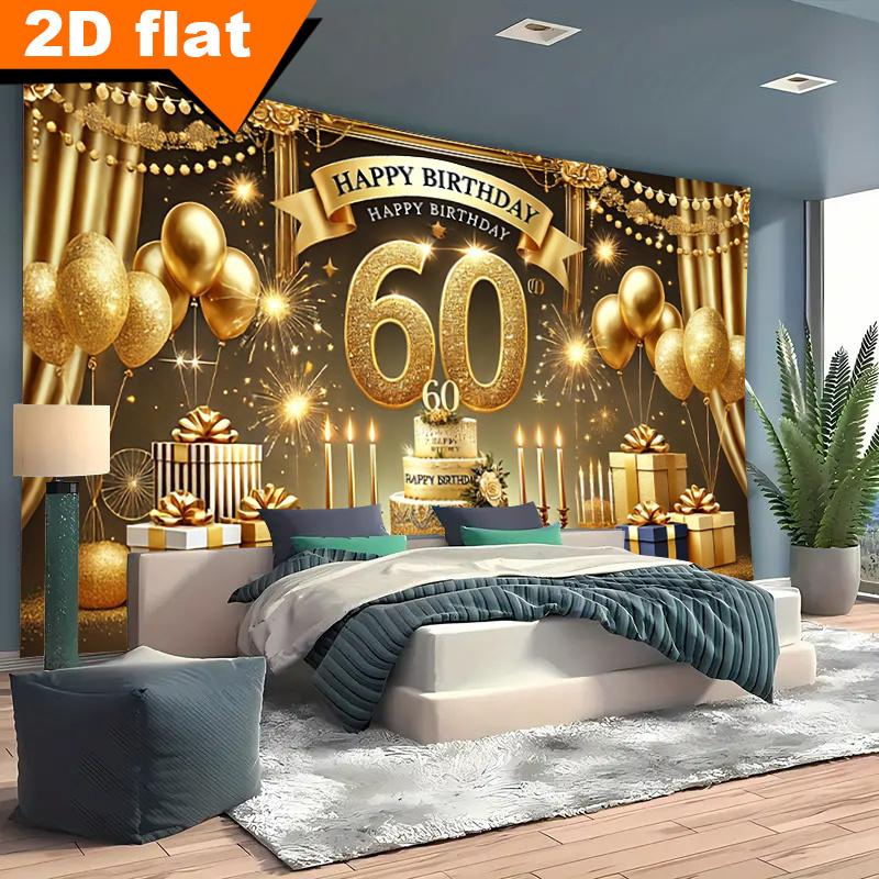 2D Plane - 1 Piece - Luxurious 60th Birthday Polyester Banner - Golden Glitter - Happy Birthday At 60 - Background Cloth