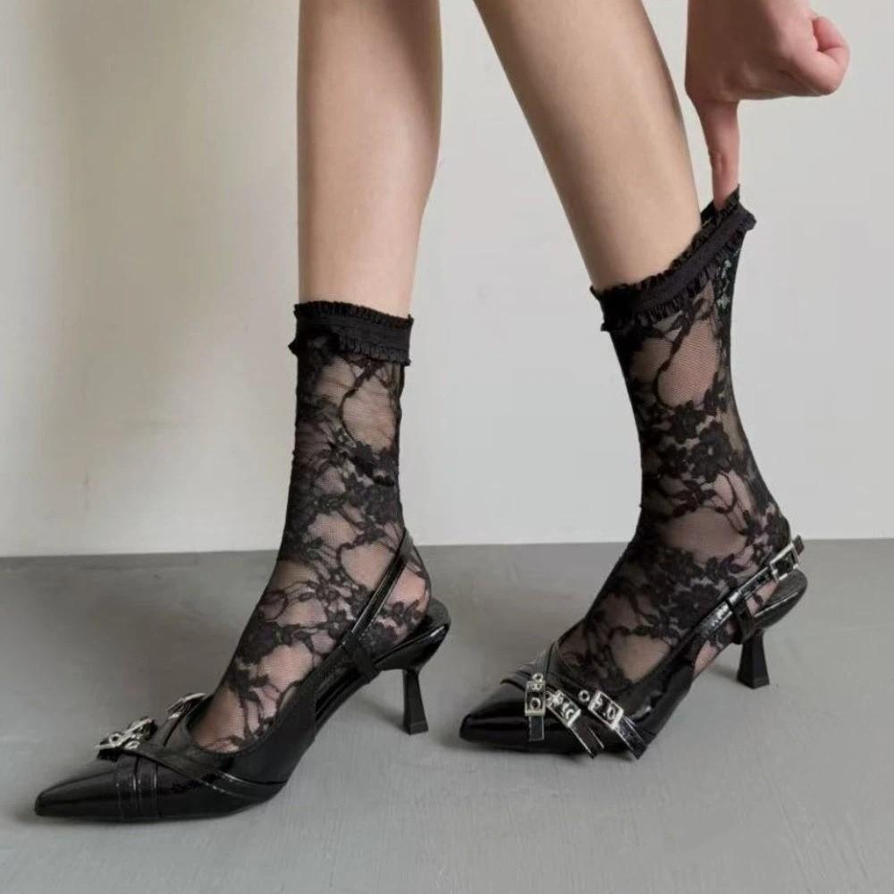 Ruffle Lolita JK Mid-Calf Socks Mid-Calf and Long Net Socks Flower Leg Warmers Transparent Hollow Out Lace Silk Hosiery