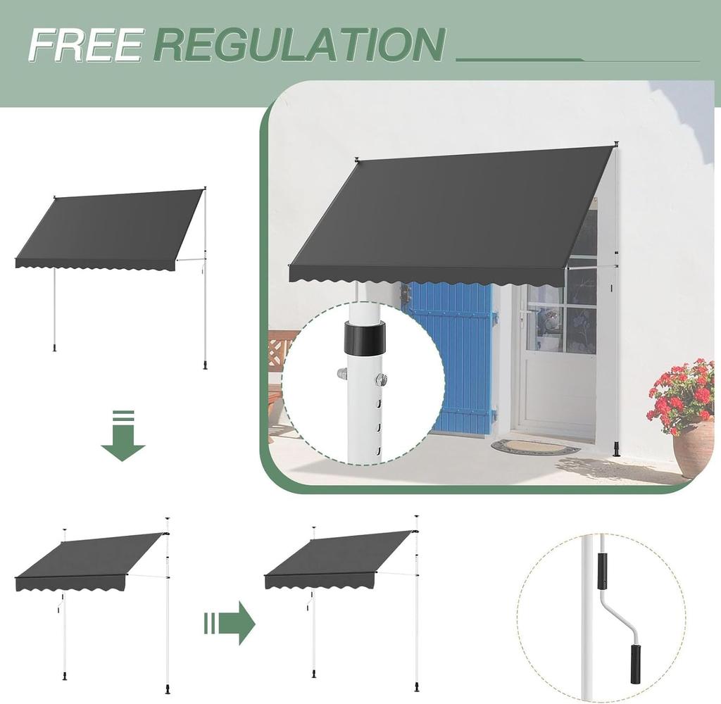 YODOLLA Retractable Manual Awning 3m - UV Resistant, Easy Installation, Stable Aluminum Frame - Dark Gray