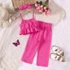 2-7Y Children's Clothing Short Sleeve Suit Girls' Spring/summer New Solid Colour Halter Short Sleeve + Trousers Suit with Hair Band