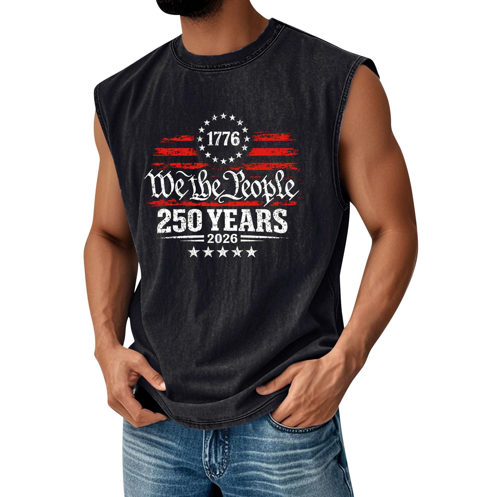 

Men’s Sleeveless Tank Top 1776 We The 250 Years 2026 Print Muscle Shirt Crew Neck Casual Fit Cotton Top L чёрный