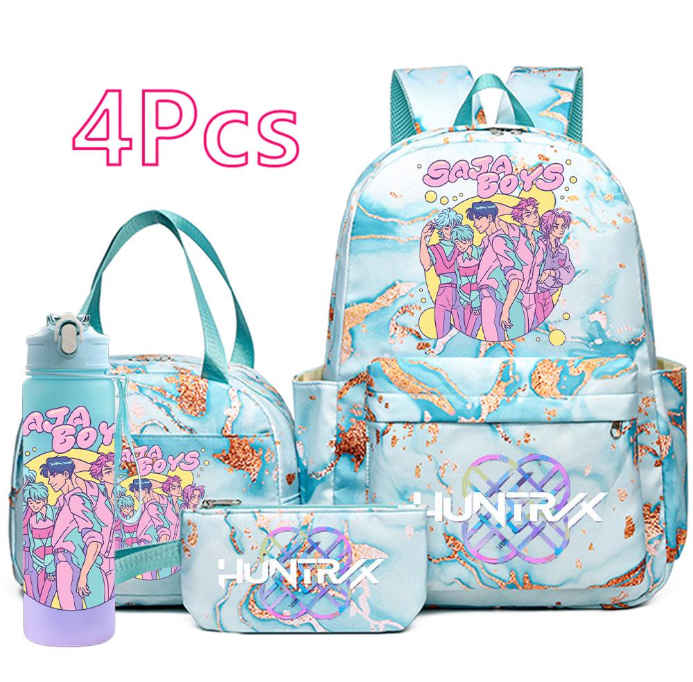 4Pcs/set Cartoon K-Pop Printed Large Capacity Backpack Handbag Pencil Case with 750Ml Water Bottler for Teenager Boy Girl Schoolbag Bookbag Kid Gift