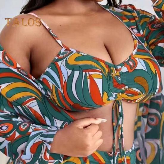 3ks/sada Dámské sexy bikini s potiskem sling podprsenka plavky s vysokým pasem opalovací krémy, svetr, rychleschnoucí plavky plážové oblečení