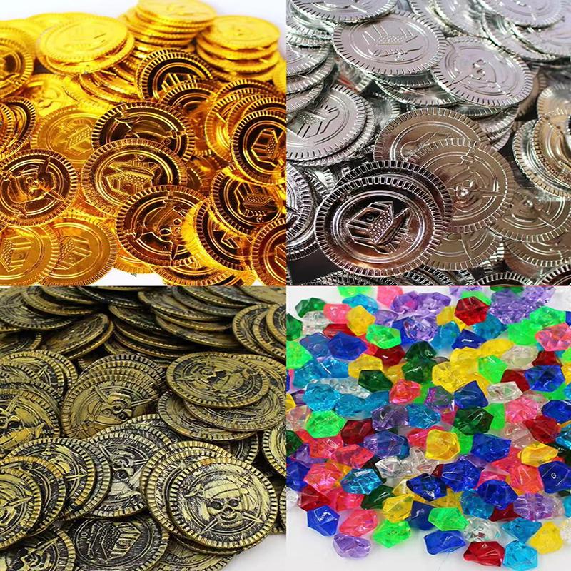 Pirate Treasure Chests Fake Gold Silver Copper Coins Gemstones Plastic Acrylic Toys Children Kids Gifts Halloween Party Props