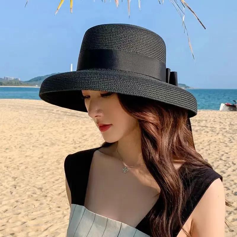 WTEMPO Black Bow Casual Foldable Summer Straw Hats Women's Wide Brim Solid Color Outdoor Beach Sunscreen Hats