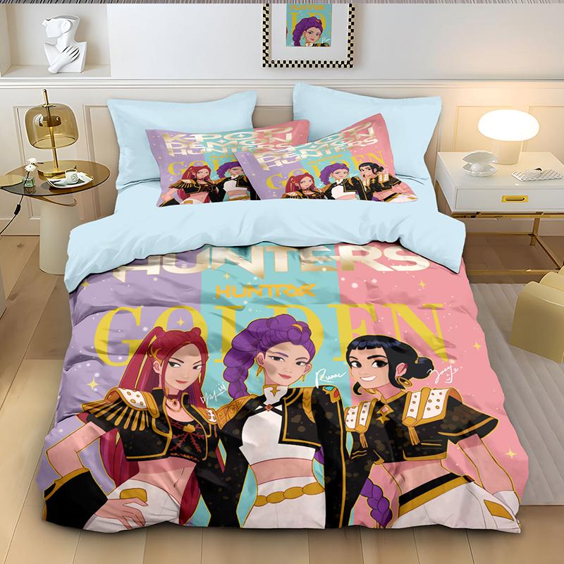K-Pop Bedding Set Demon Hunters Themed Pink Or Black Other Side Print Polyester Student Dormitory Duvet Cover Boys Girls Gift