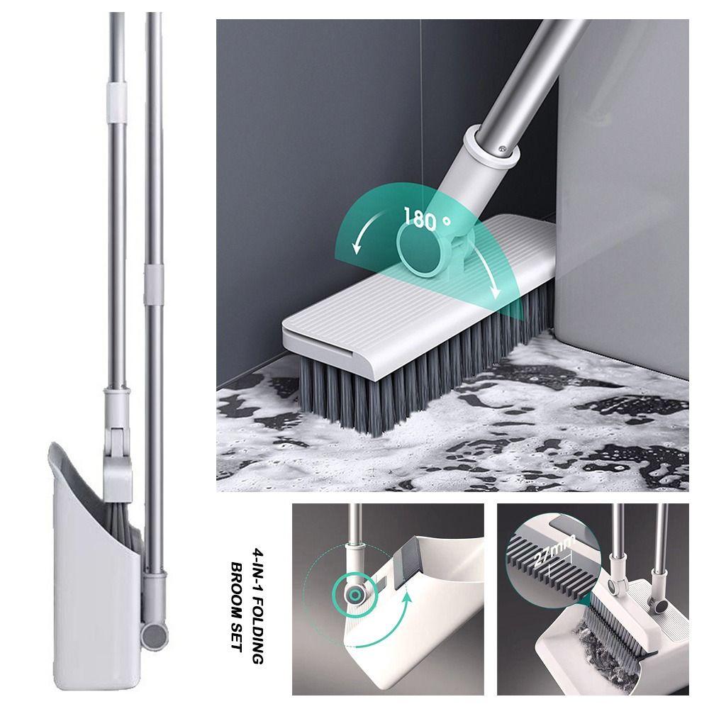 Combo Set 4-in-1 Folding Broom Set Durable Plastic Handle Cleaning Tool Multi-Sided Cleaning Kits Hair-Free Swivel Brush
