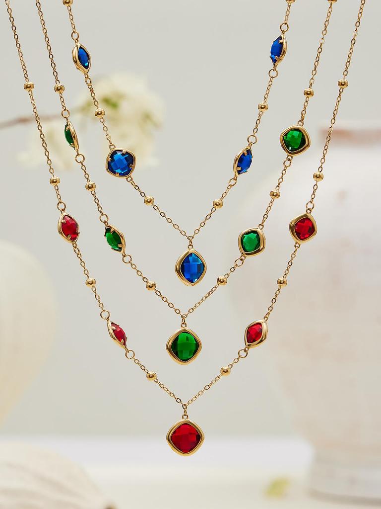 Geometric Glass Stone Earrings & Stainless Steel Bead Necklace Bracelet Set - Multi-color Patchwork Jewelry