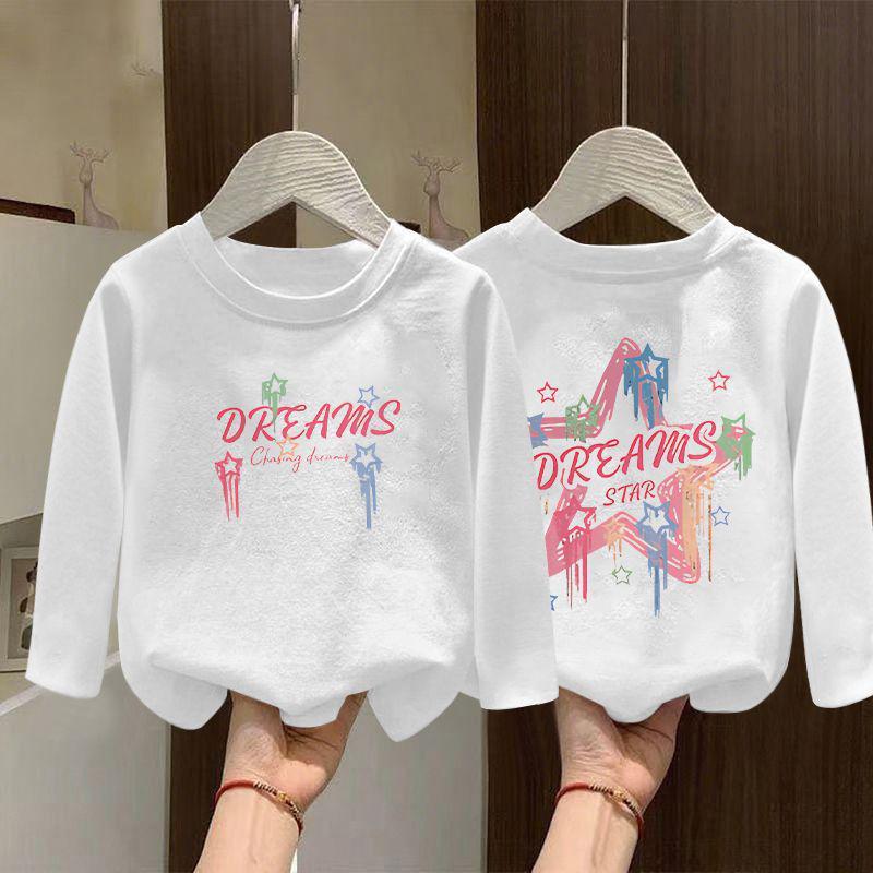 2025 New Girls' Pure Cotton White Base Layer Long Sleeve T-shirt for Spring & Autumn - Medium & Large Kids
