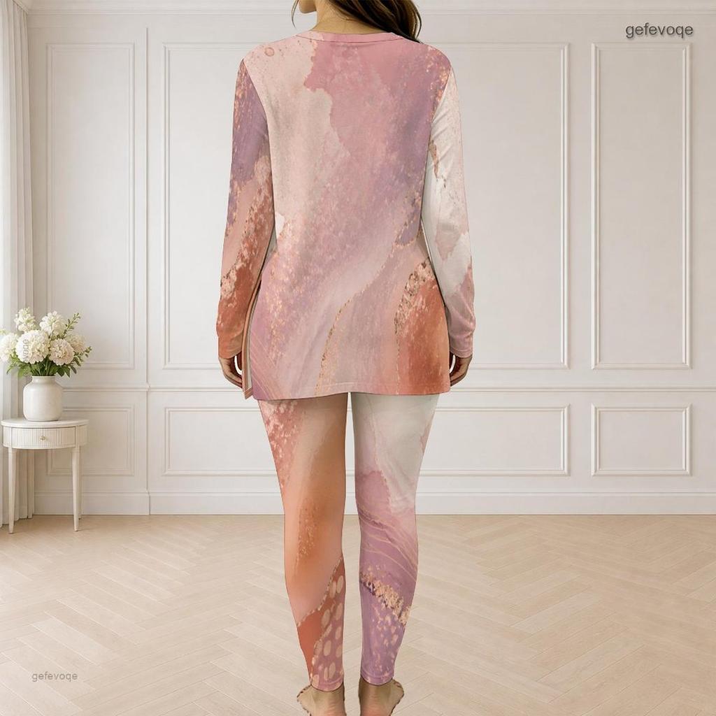 Women Plus Size Half Zip Long Sleeve Marble Print Long Top And Fitted Pants Two Piece Set