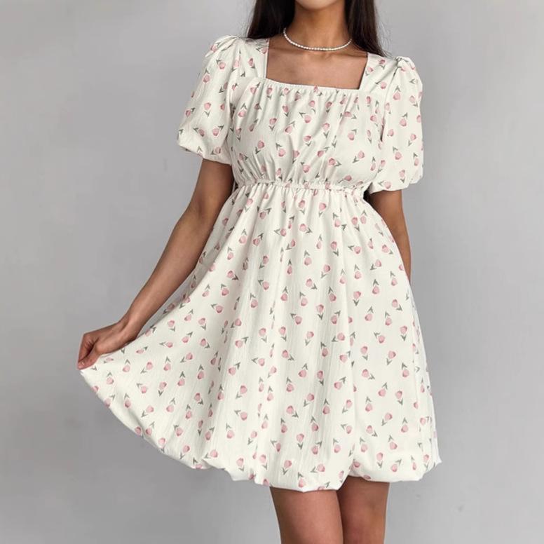 Spring and Summer French Elegant Floral Bubble Sleeve Dress Women's Fashion High Waist Square Neck A-shaped Dress Women's Clothing