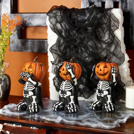 Halloween Decoration Skeleton Pumpkin Shape Statues Resin Gothic Decor Home Party Festival Skull Figurine