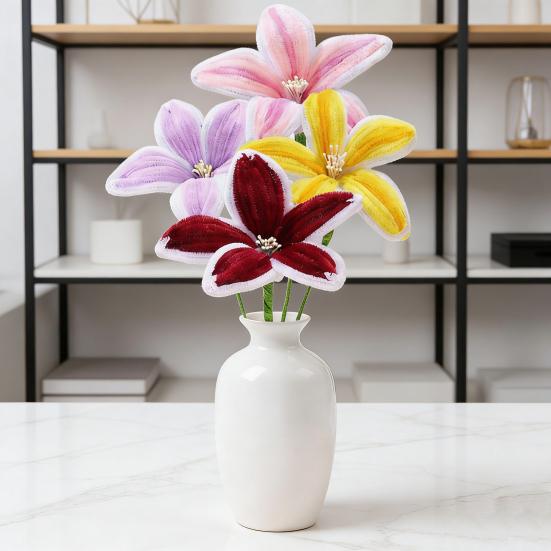 Finished Pipe Cleaner Flower Handmade Long Stem Lily Flower Craft Preserved Fake Flowers Gift for Anniversary Birthday Mother's Day