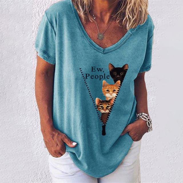 

Жіноча футболка Kawaii Cat Graphic V-подібний виріз з коротким рукавом Модні повсякденні футболки з принтом Веселий літній жіночий одяг Вуличний топ M