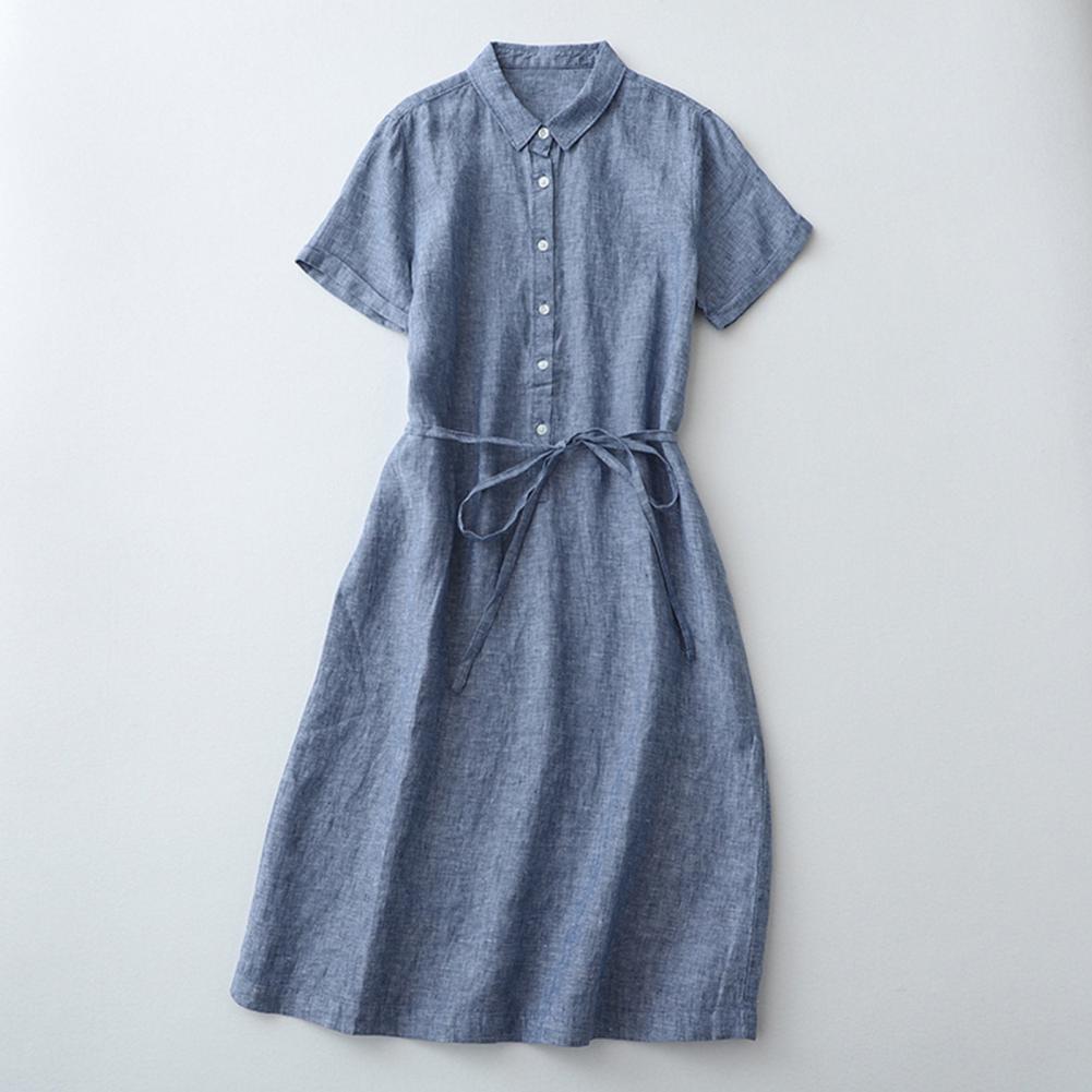 Summer Lady Dress Turn-down Collar Short Sleeves A-line Big Hem Pure Color Lace-up Strap Half Single-breasted Midi Dress Dating
