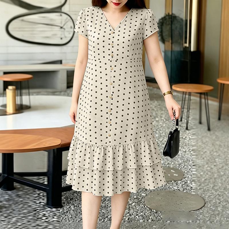 ZANZEA Women Casual V-Neck Short Sleeve Loose Polka Dot Print Dress S