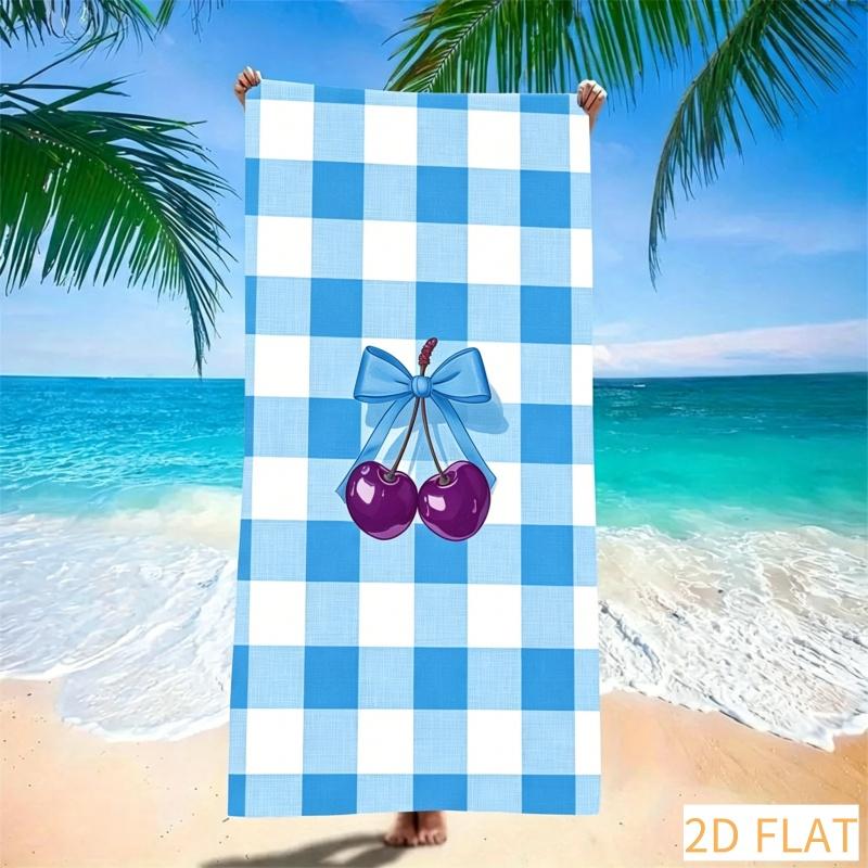 Blau gestreiftes Kirsch-Strandtuch - Super saugfähig Schnell trocknend Mikrofaser Mit rosa Schleifen-Print Weiche Sandfreie Decke für Picknick
