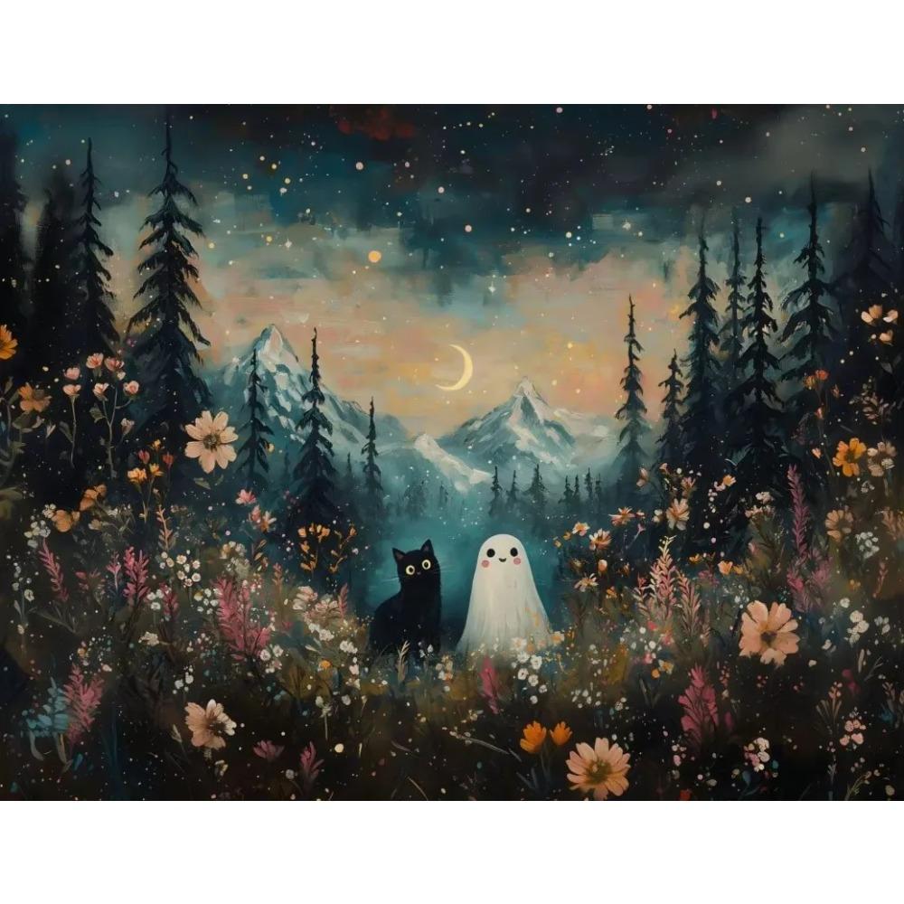Stampa su Poster Foresta Gatto Nero Fantasma Fiori Selvatici Pittura su Tela Zucca Halloween Spettrale Arte Dark Academia Stanza Arredamento Casa