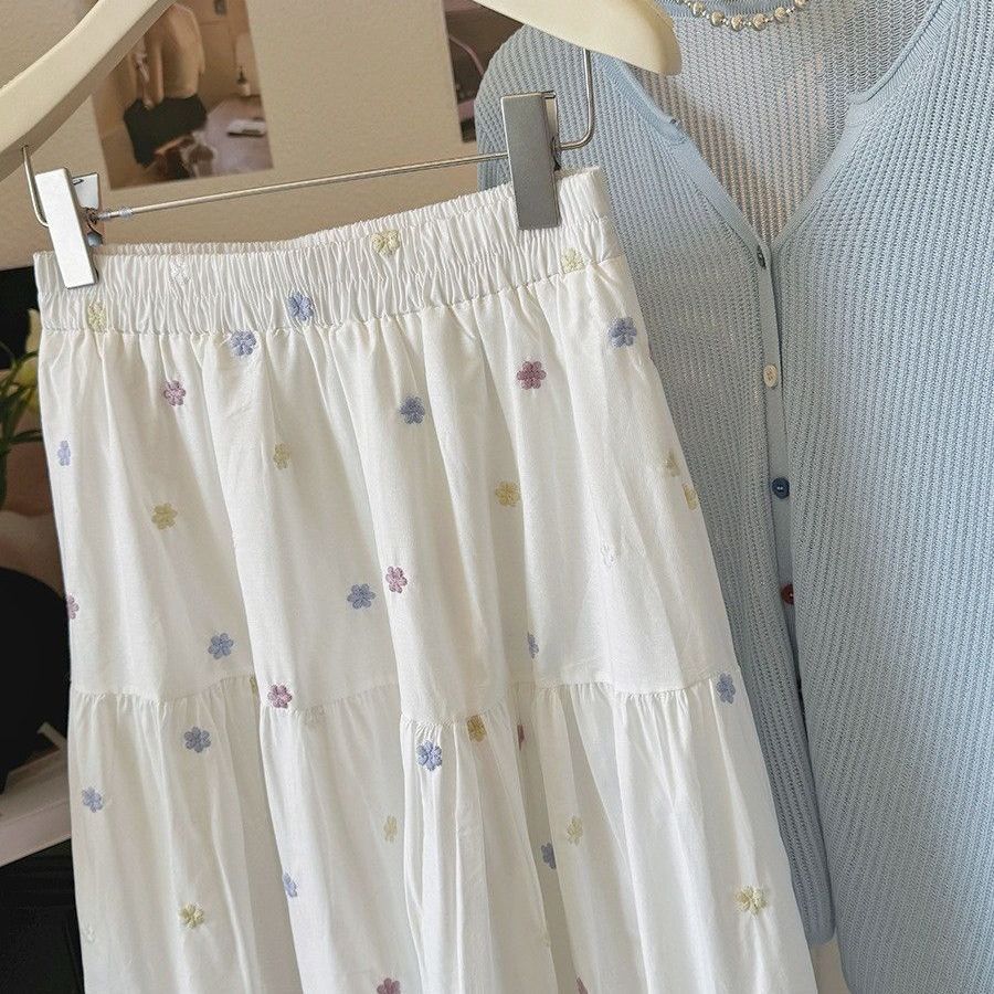 Fresh Embroidered Floral White Midi Skirt for Women - Summer A-Line Pleated Full Flared Umbrella Skirt