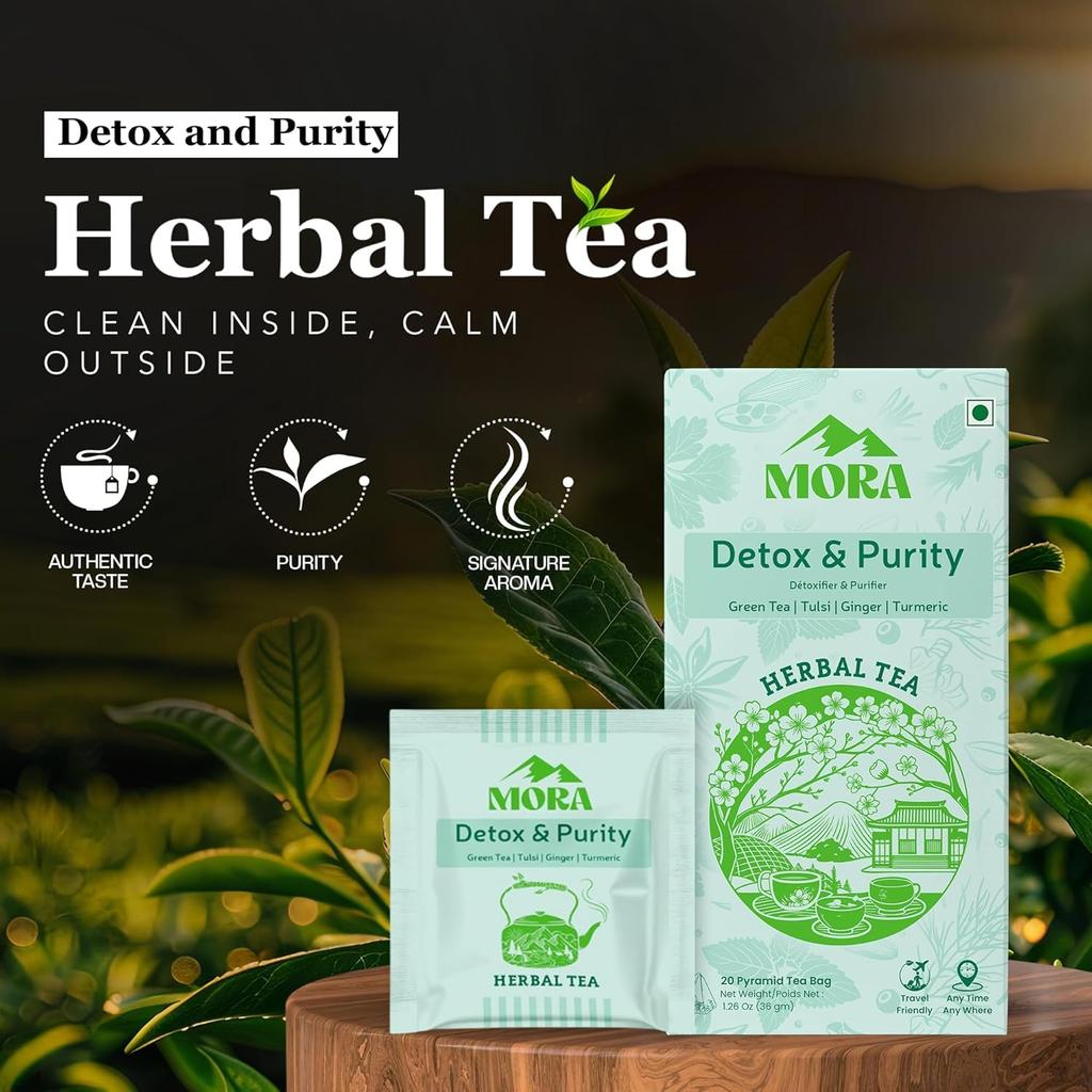 Mora Detox & Purity Herbal Tea | With Tulsi, Ginger, Turmeric & Green Tea Infusion | Ayurvedic Cleanse & Immune Support Blend | Anytime Use,