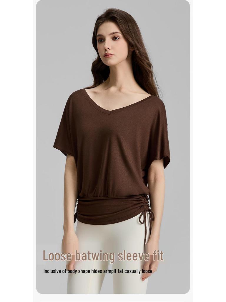 Women's V-neck Batwing Yoga T-shirt: Loose, Short Sleeve, Drawstring, Lazy Style for Spring/Summer 2026.