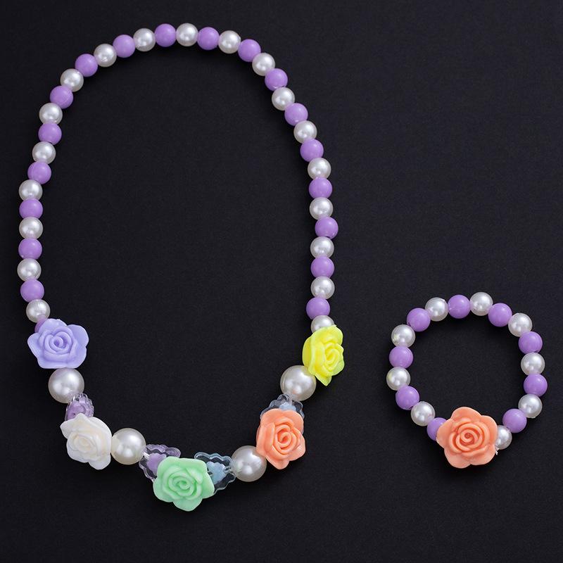 Boys And Girls Baby Princess Candy Color Beaded Necklace Bracelet Set Flower Pearl Bow Dress Accessories