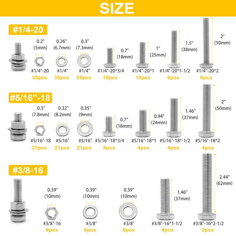 226Pcs Bolts and Nuts Set, #1/4-20 #5/16-18 #3/8-16 Assorted Hex Head Bolts with Nuts Washers, Grade 8 Heavy Duty Fasteners for Wood Plastic DIY