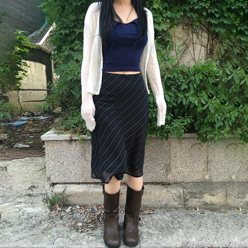 College Style Striped Chiffon Skirt Women's Summertime New Mesh Breathable Thin Vacation Hip Skirt