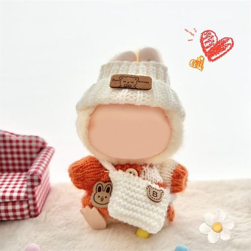 Stilvolles Strickbekleidungsset für 17cm Puppen mit modischem Pullover, Mütze und Tasche. Großartig für Sammler- und Kinderpuppen.
